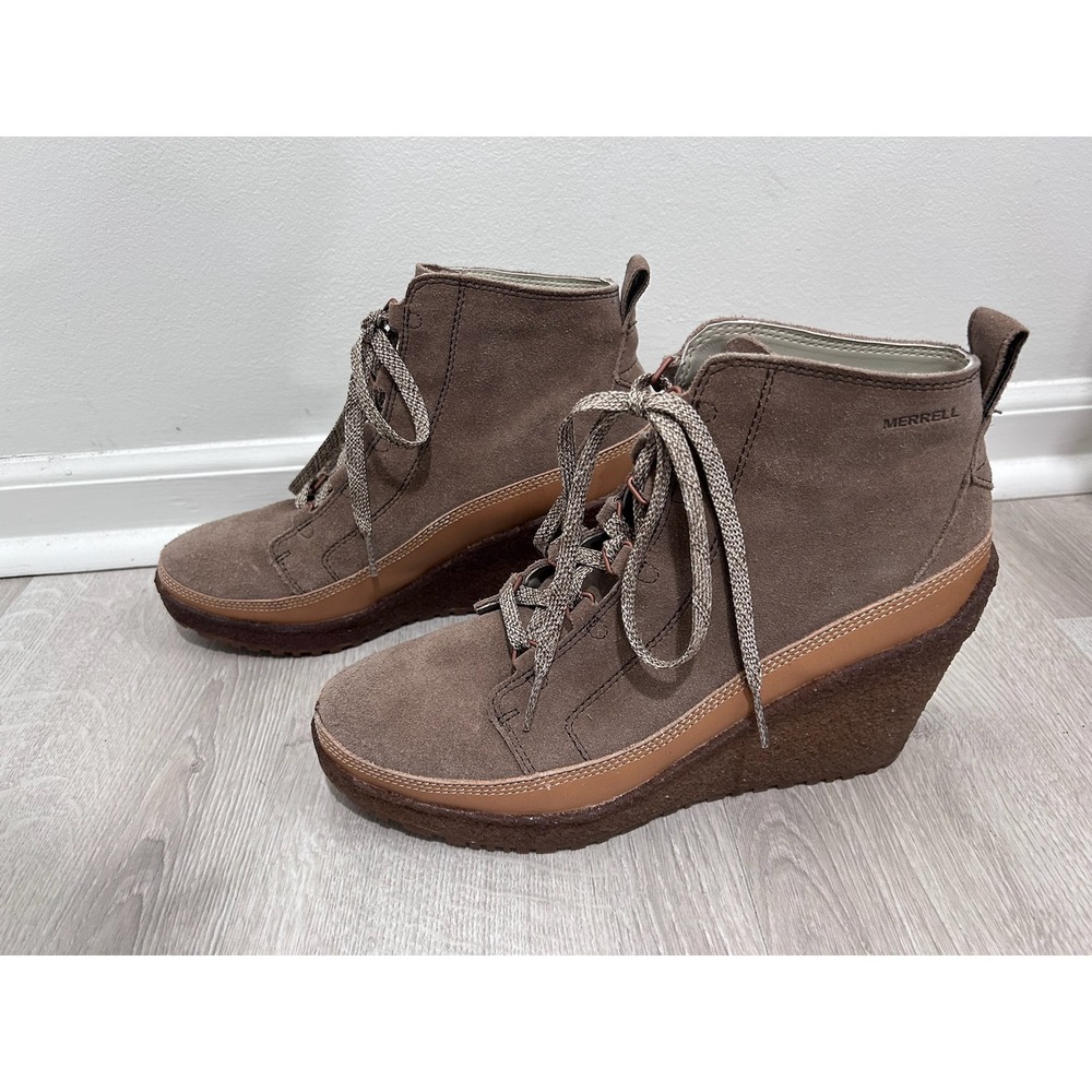 Merrell Tremblant Wedge Lace Up Suede Ankle Boots Womens 10‎ Brown Comfort